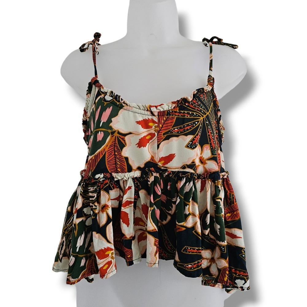 Patrons of Peace Peplum Top XS Womens Black Floral Boho Ruffle Hippie Earthy‎